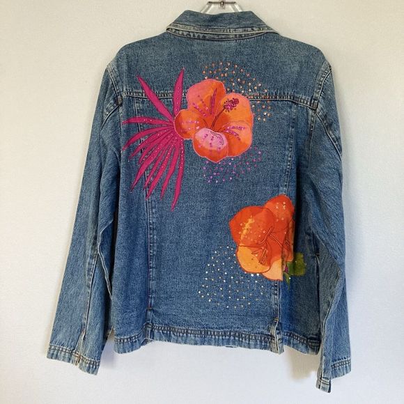 West Elm Jackets & Blazers - Vtg Jean Jacket Womens Large Beaded Hibiscus‎ Floral Applique Upcycled Artsy
